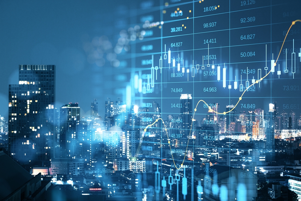Abstract,Glowing,Big,Data,Forex,Candlestick,Chart,On,Blurry,City